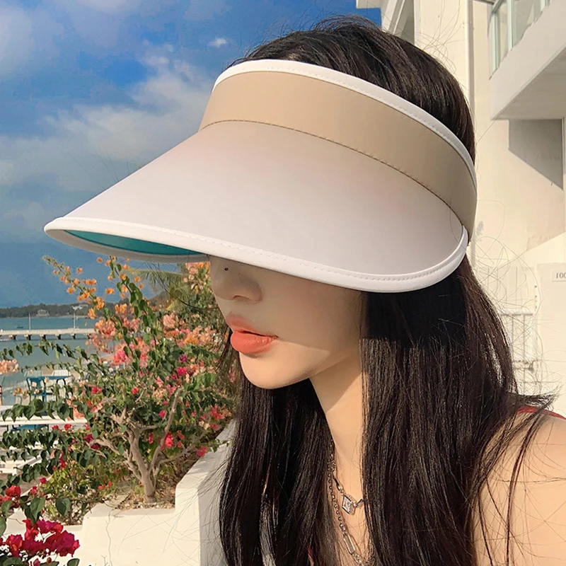 Women Summer Sun Hat Big Brim Empty Top Ponytail Cap Outdoor Beach UV Protection Sunscreen Hats Girl Folding Visors