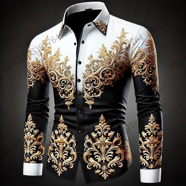 New Men's Leopard Floral Full Sleeve Shirt Golden Ethnic 3 D Print Shirt Men/Women Fashion Luxury Shirts European American Style