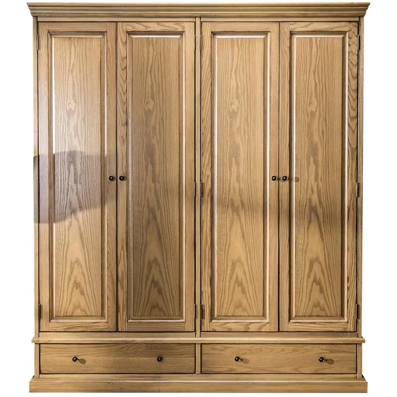 

American country vintage simple red oak family villa bedroom four doors solid wood wardrobe