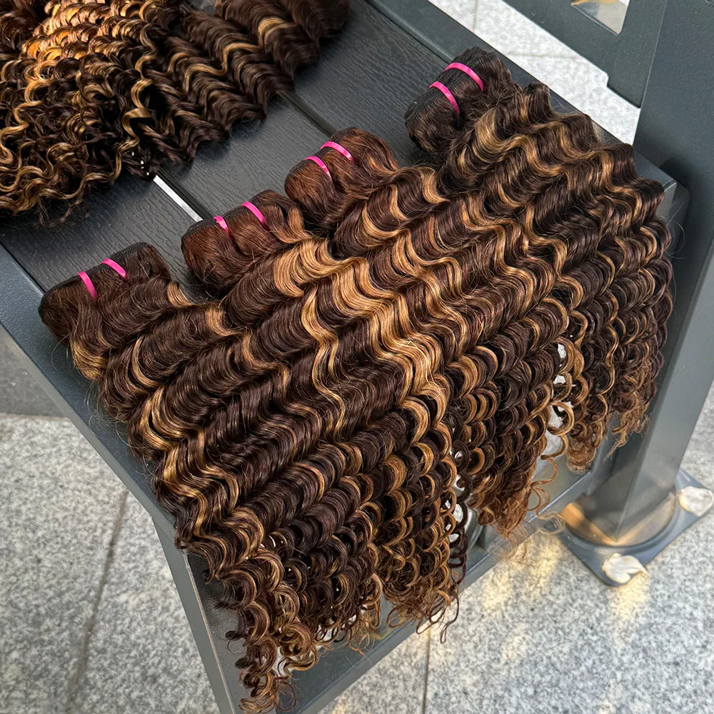 Onda profunda pacotes de cabelo humano 1-4 pacotes disponíveis 100% extensões de trama de cabelo humano real trama dupla oceano p4/27 cor para mulher.
