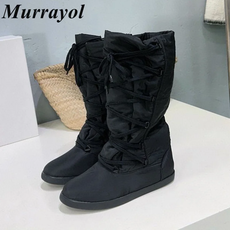 

Waterproof Down Warm Lace-up Snow Boots Women Round Toe Anti Slip Solid Color Knee-High Boots Winter Outwear Warm Long Boots