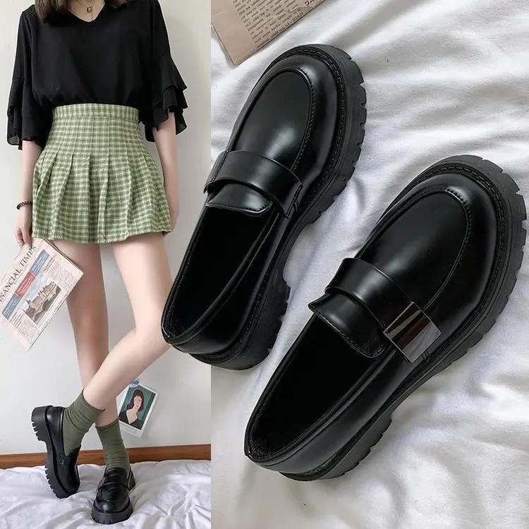 Woman Solid Black PU Leather Loafers Zapatos De Mujer Dropshipping 2021 Casual Women Slip on Flats Round Toe Platform Shoesad34