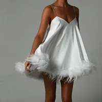 Combhasaki Women Solid Color Feather Trim V-Neck Chain Spaghetti Straps Sling Mini Dress Summer Sleeveless Backless vestido