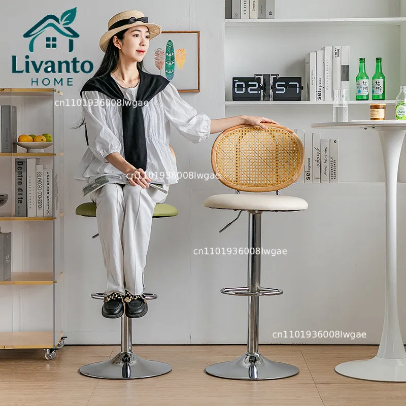 

Light luxury rattan bar chair rotating lifting high chair Nordic solid wood bar chair home designer modern medieval