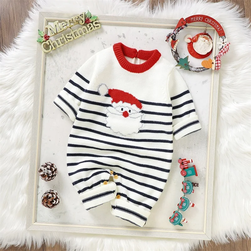 Infant Holiday  Red and White Striped Santa Claus Print Long Sleeve Jumpsuit Baby Christmas Romper Newborn Outfit