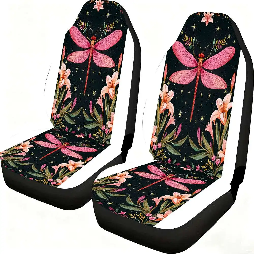 2pcs Pink Dragonfly & Lily Floral Car Seat Covers - High Back Design, Durable Polyester, Fit For Cars, SUVs, Trucks - Women'S Ca