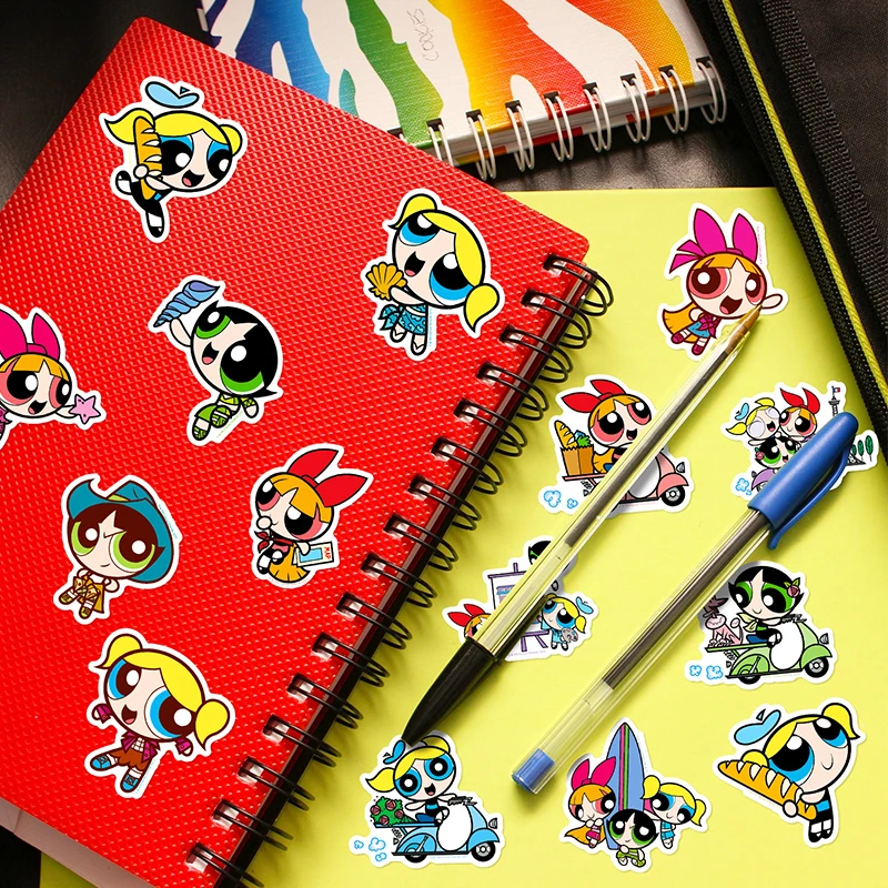 Autocollants waterproof motif The Powerpuff Girls, lot de 50 pièces, stickers, 3 styles, dessin animé, figurine, moteurs de fleurs, bouteille d'eau, sans anticorps, protection solaire, DIY