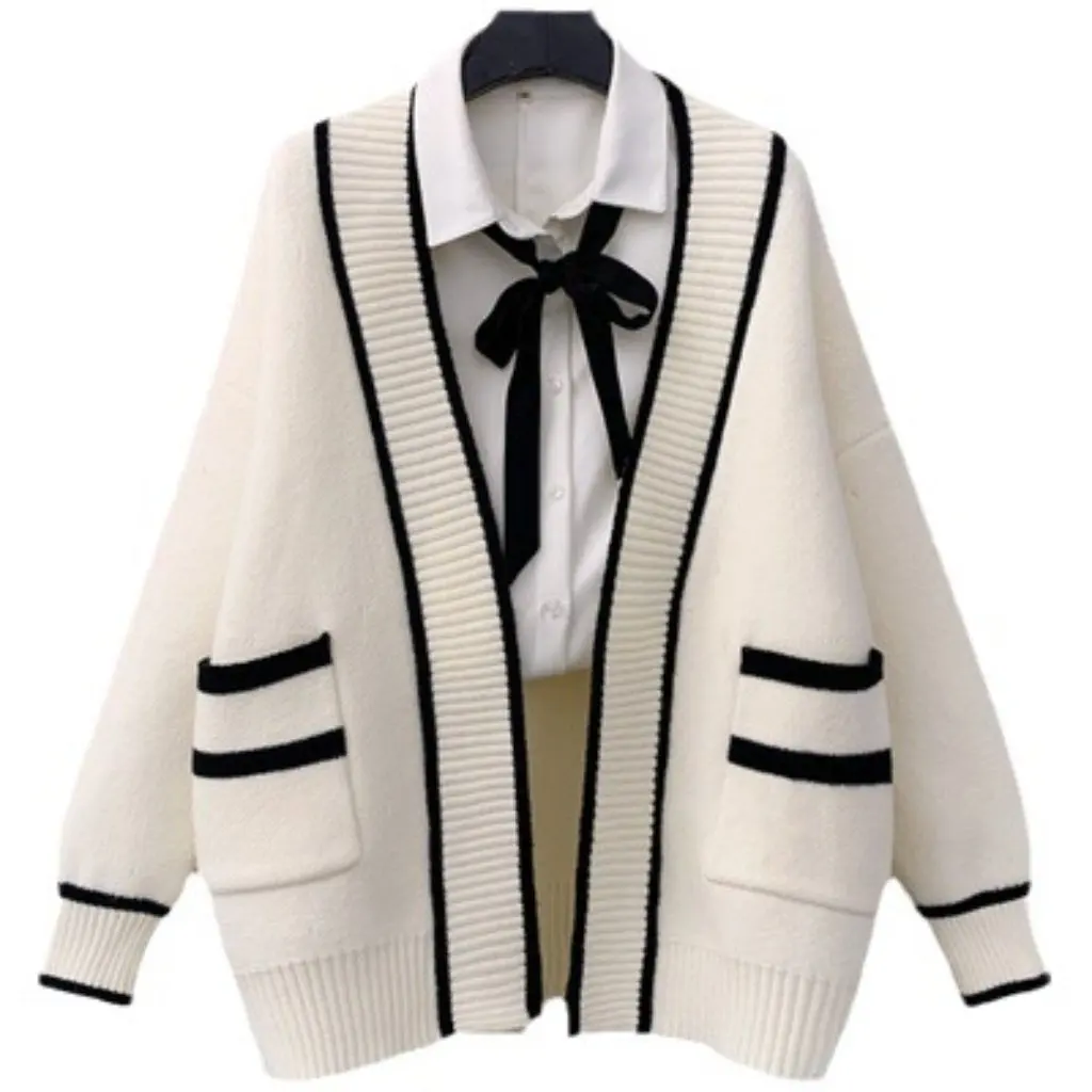 

Korean-Style Women's Loose Cardigan Sweater Jacket Autumn Winter Fashion College Lazy Style Mid-Length with Pockets