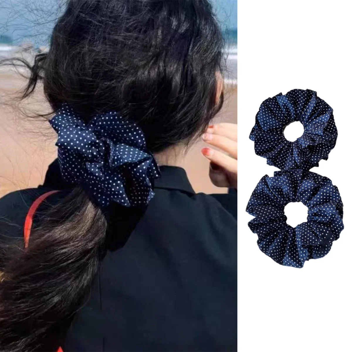 

1PC Retro Navy Blue Small Polka Dot Hair Scrunchie for Ponytails, an Elegant, Literary, Versatile, Commuter-Friendly and Fashion