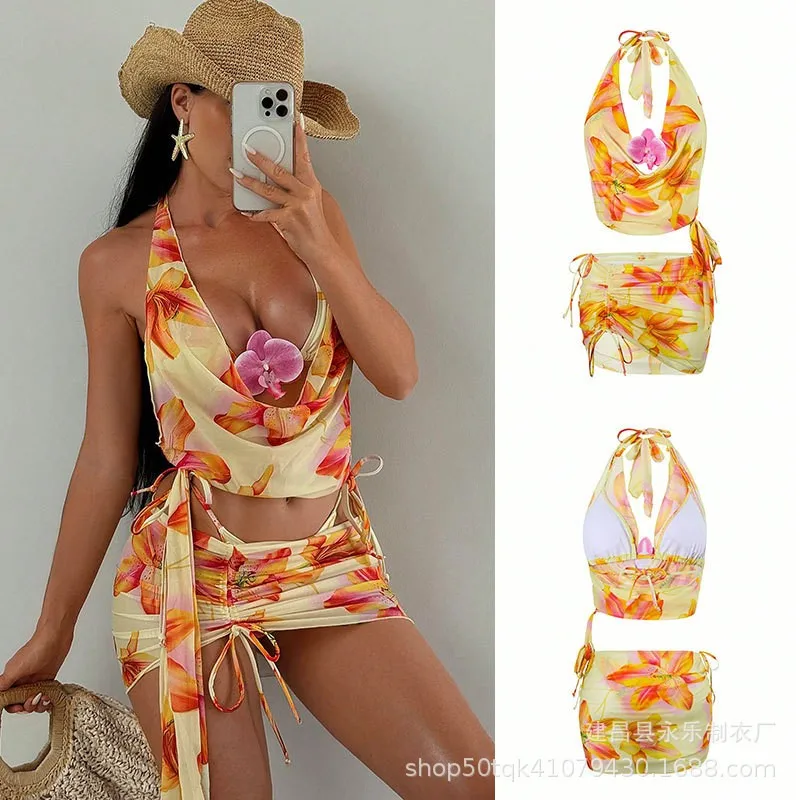 Bikini 2026 para Mujer, Top Halter con Estampado Floral, Traje de Baño de Dos Piezas en Naranja, Amarillo y Rosa, con Cintura Fruncida y Lazos Laterales