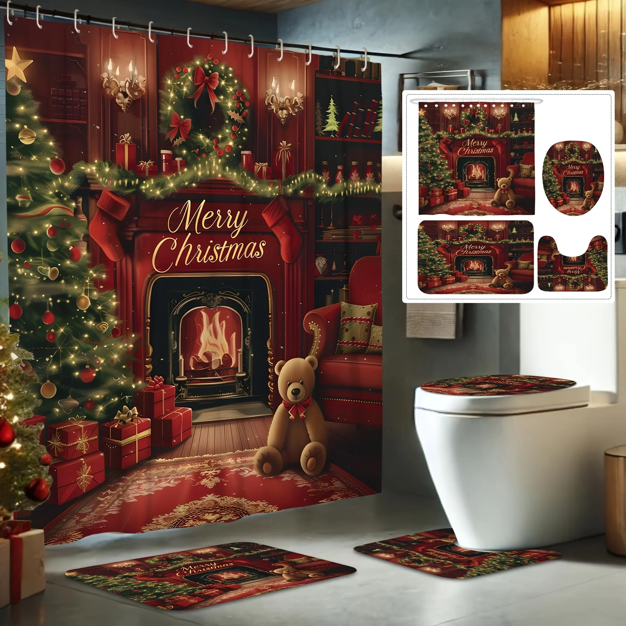4Pcs Christmas Fireplace Stocking Bear Shower Curtain Set, Festive Red Green Decor with 12 Hooks, Non-slip  & Toilet Cover Mat