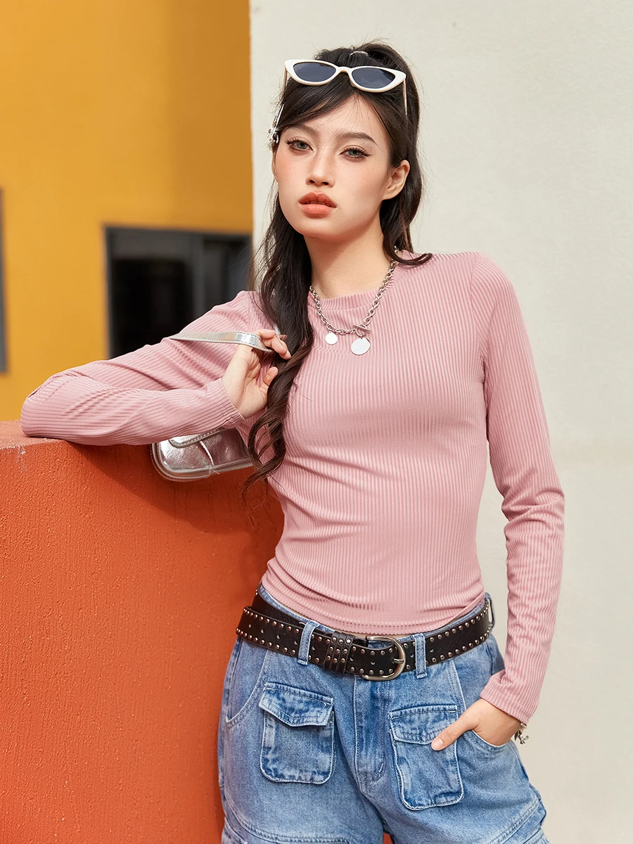 wsevypo Ribbed Long Sleeve T-Shirts Spring Fall Solid Color Bottoming Shirts for Women Casual Round Neck Slim Fit Pullover Tops