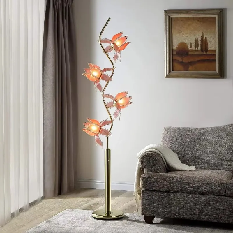 The new light luxury metal lotus fall floor lamp, high-end glass flower arrangement living room bedroom