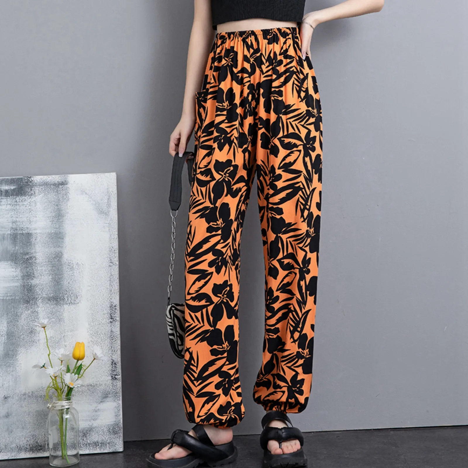 

Stylish All-Over Printed Casual Pants Summer High Waist Jane Bound Leg Pants Flared Pants Commuter Style Everyday Versatile Pant