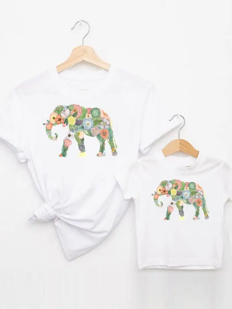 

Tee Family Matching Outfits Elephant Flower Trend Women Casual Kid Child Summer Mom Mama Mother Tshirt T-shirt Clothes Clothing