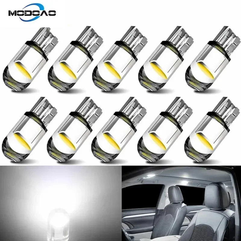 10 PCS Car LED COB Bulb T10 W5W Signal Light 12V 7500K White Auto Interior Dome Reading License Plate Lamps Wedge Side Bulbs