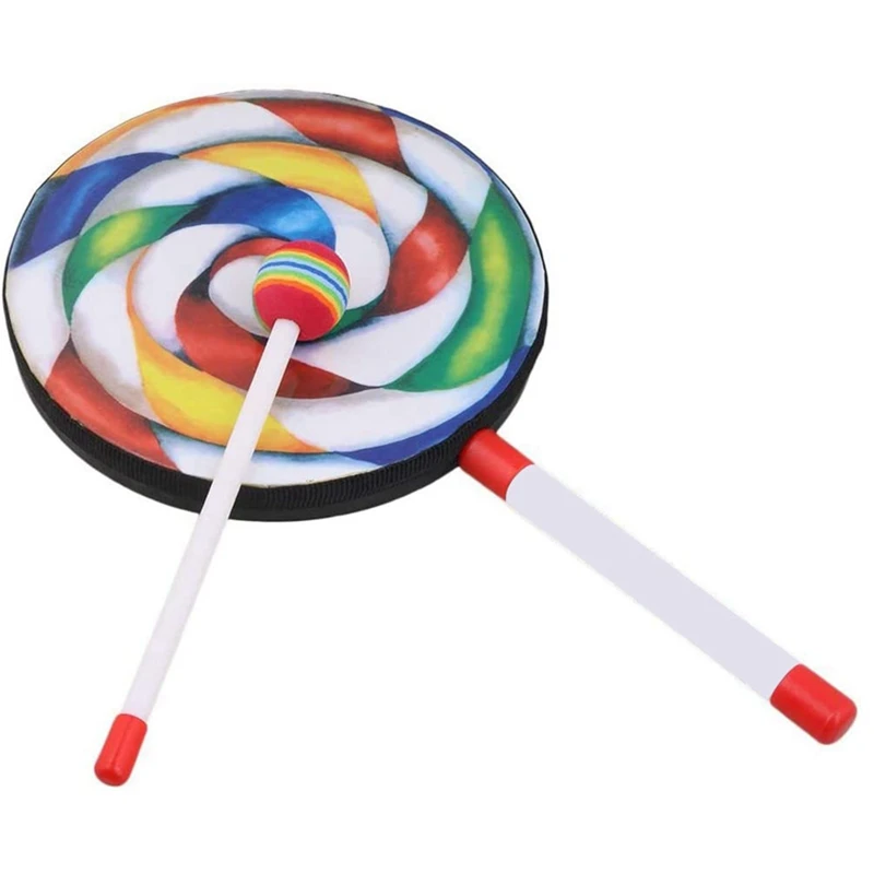 New 8Inch Lollipop Shape Drum With Mallet Rainbow Music Rhythm Instruments Kids Baby Children Playing Toy