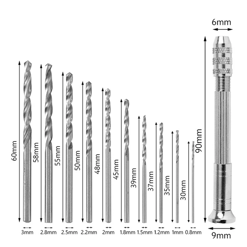 Silver Hand Twist Drill Woodworking Hand Punch Tool 0.8-3.0Mm Four-Headed Steel Handle Hardware Clock Maintenance.