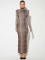 Mozision Leopard Print Long Sleeve Sexy Maxi Dress For Women Autumn Winter Fashion Elegant Turtleneck Printed Bodycon Long Dress