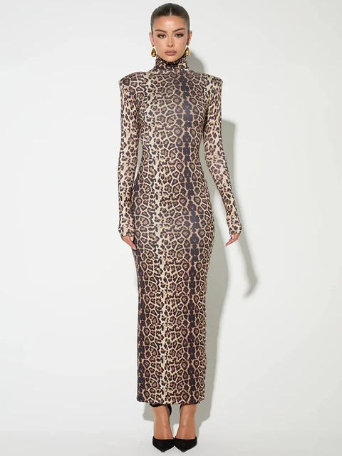 Mozision Leopard Print Long Sleeve Sexy Maxi Dress For Women Autumn Winter Fashion Elegant Turtleneck Printed Bodycon Long Dress