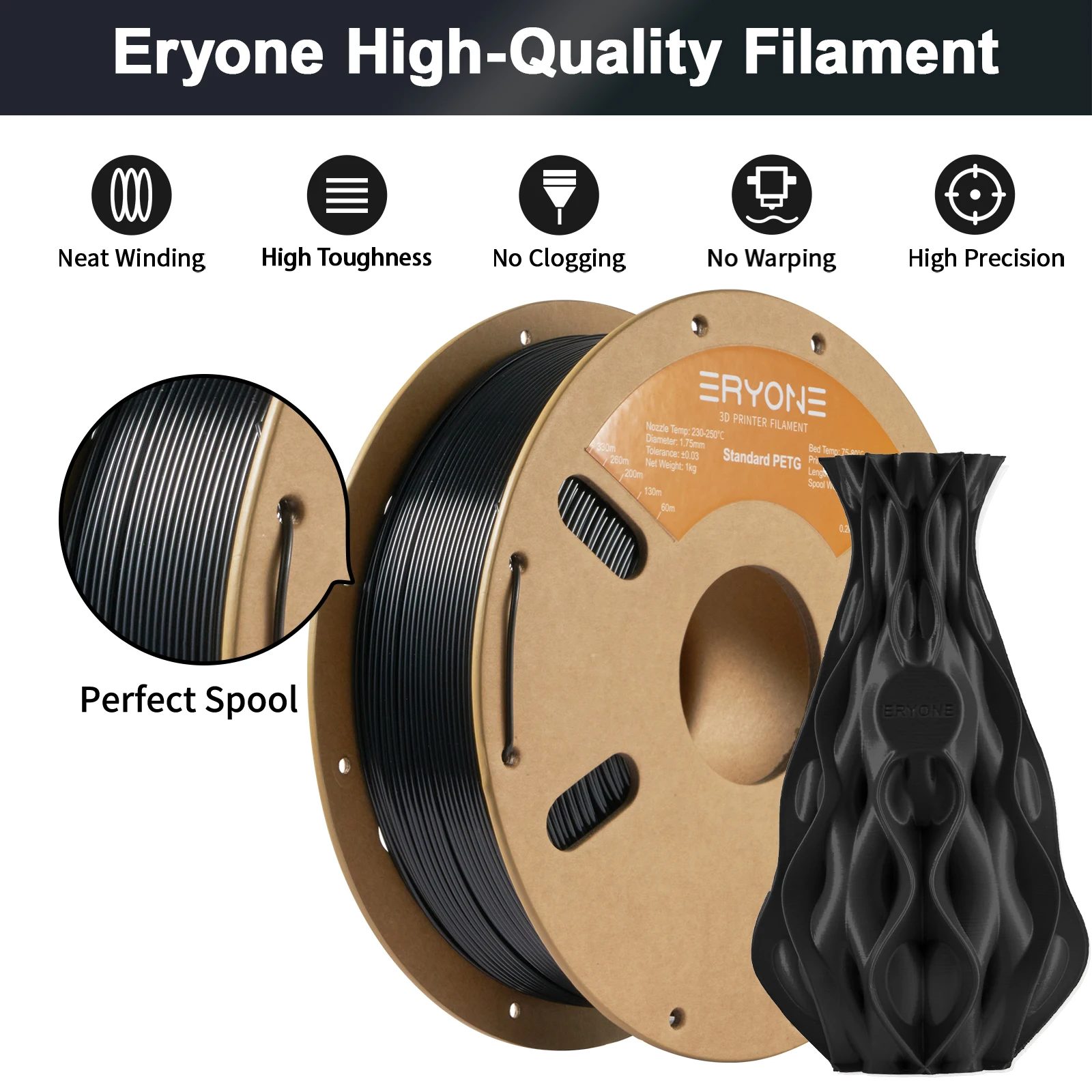 ERYONE Standard PETG Filament for 3D Printer, 1.75mm +/-0.03mm, 1kg (2.2LBS)/Spool 4