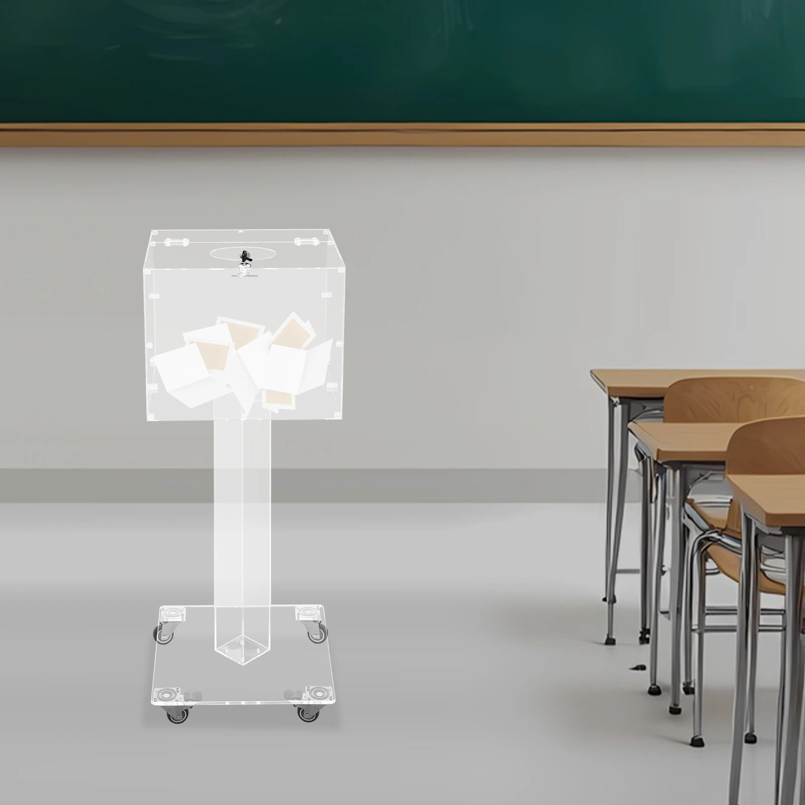 صندوق احترافي مستدير من الأكريليك الشفاف مع قفل ومفتاح، صندوق تبرع قائم على الأرض مع عجلات للاجتماعات والانتخابات والمكتب #3