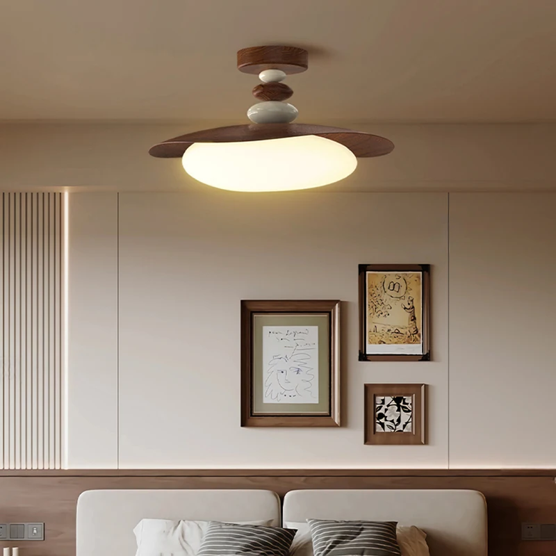 Simple Led Bedroom Pendant Lights Retro Cobblestone Walnut Wood Grain Study Ceiling Lamp Modern Home Indoor Decor Lighting Lamps
