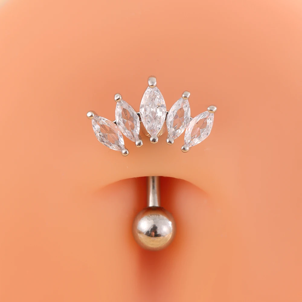 Flower Reversed Bar Crystal CZs Belly Button Ring 14G Stainless Steel Curved Sexy Navel Ring Women Inverted Pole Belly Piercing