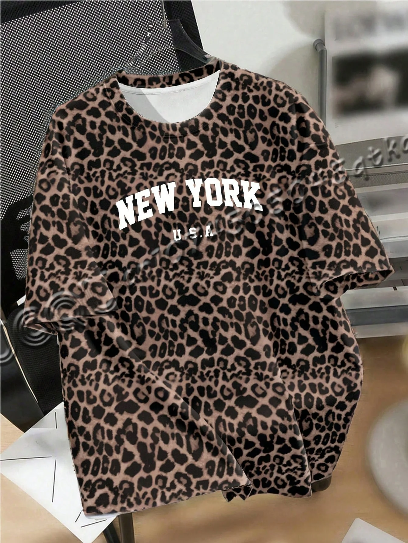 Summer Fashionable Leopard Print New York Oversized Round Neck Women's Basic T-Shirt Short Sleeve Men's T-shirt Tops Tee