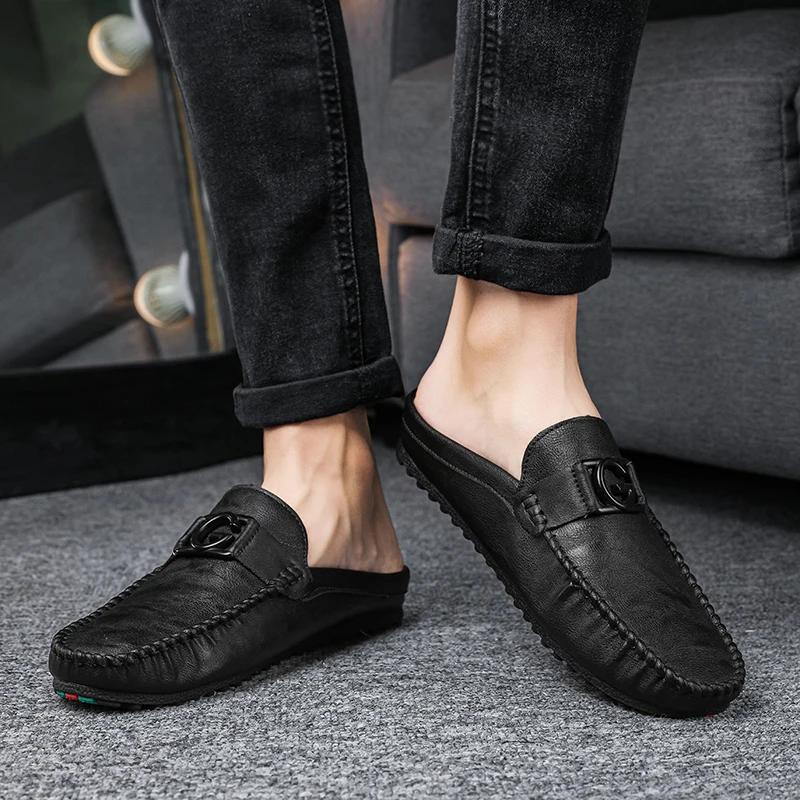 Leather Mules Sandals Men Casual Shoes Summer Man Slides Slip-On Backless Loafers Slippers Half Shoe For Men Mule Masculino