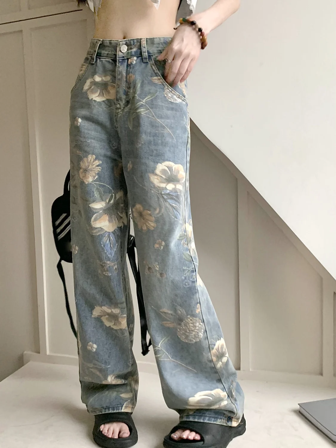 

Винтажные модные джинсы с принтом, женские летние джинсы с высокой талией, тонкие универсальные повседневные широкие брюки для мытья полов