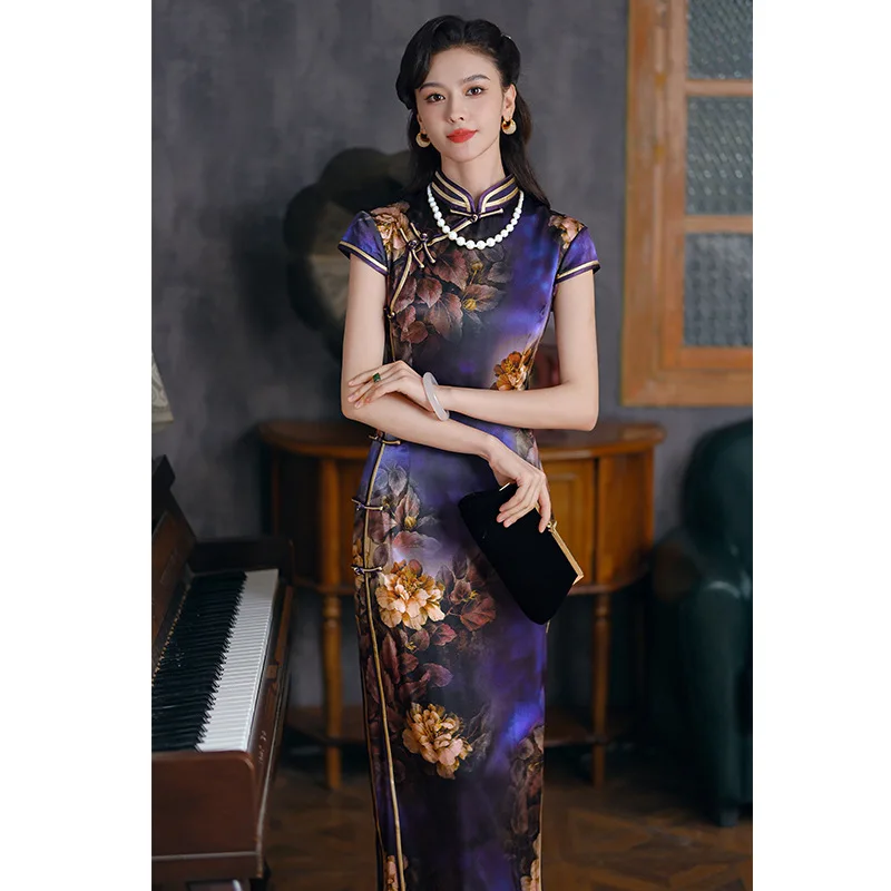 High Quality Purple Real Silk Cheongsam Dress High-End Dress 2024 Chinese Style