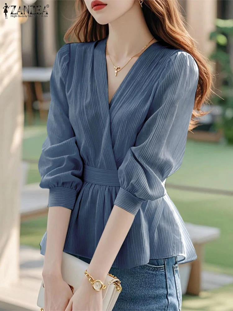 

ZANZEA Women Lantern Sleeve Blusas Mujer Waist-Cinched Striped Wrapped V Neck Korean Style Tunic Tops Trendy Elegant Blouses