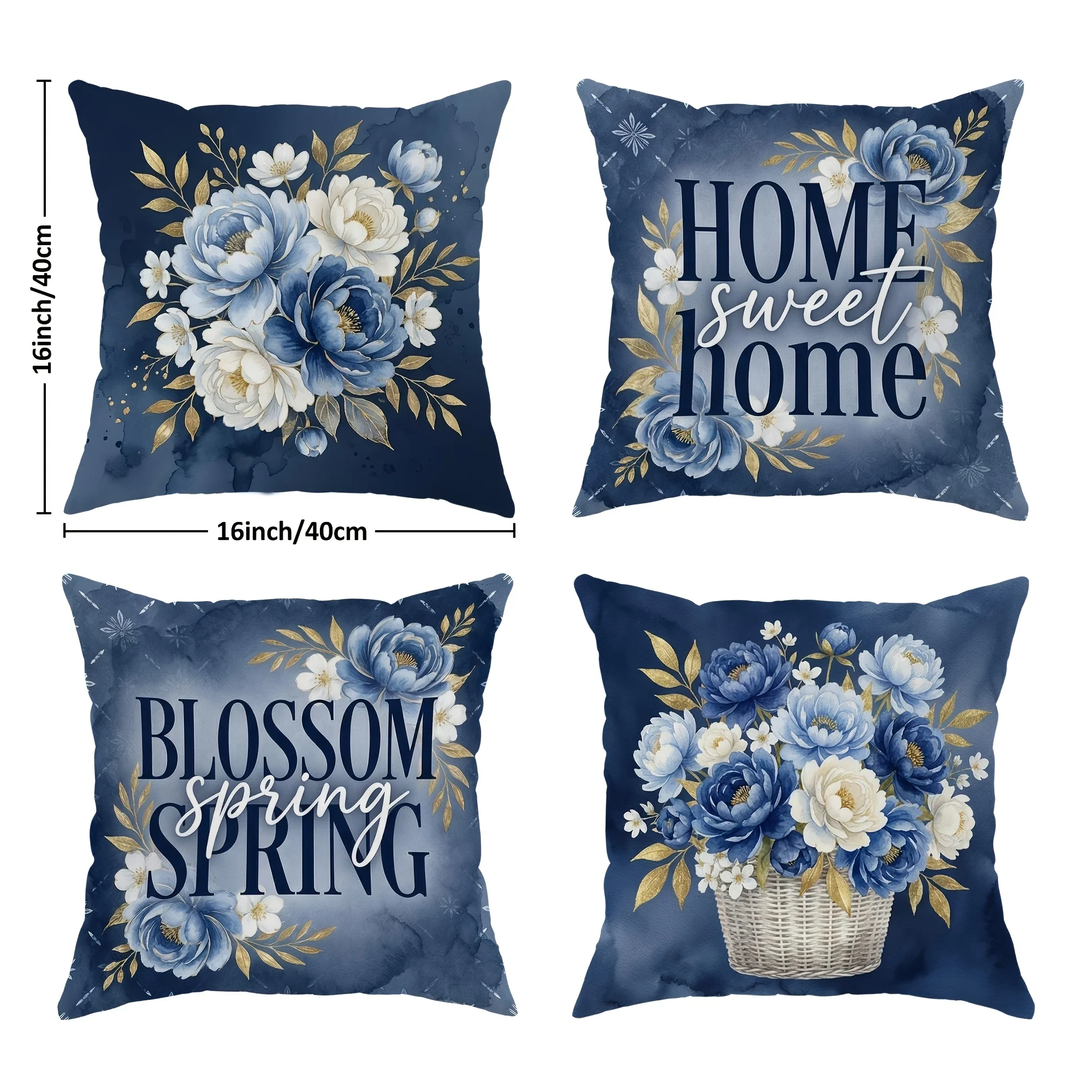 4Pcs Double‑Sided Spring Floral Pillow Covers, Dark Blue White‑Gold Tone Print Zipper Cushion Cases for Living Room Bedroom