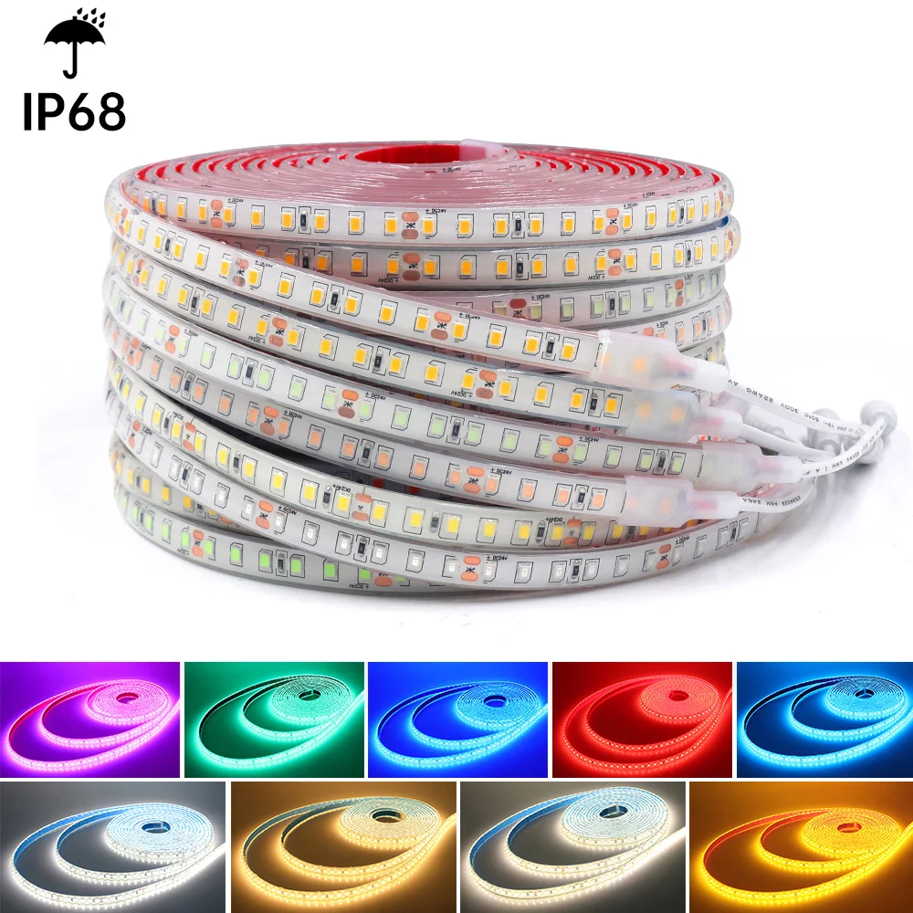 IP68 Waterproof 2835 LED Strip Light with DC Plug 12V 24V 5m 10m 20m 9 Colors 120LED/m High Bright Flex Tape Ribbon 0.5m 1m 2m