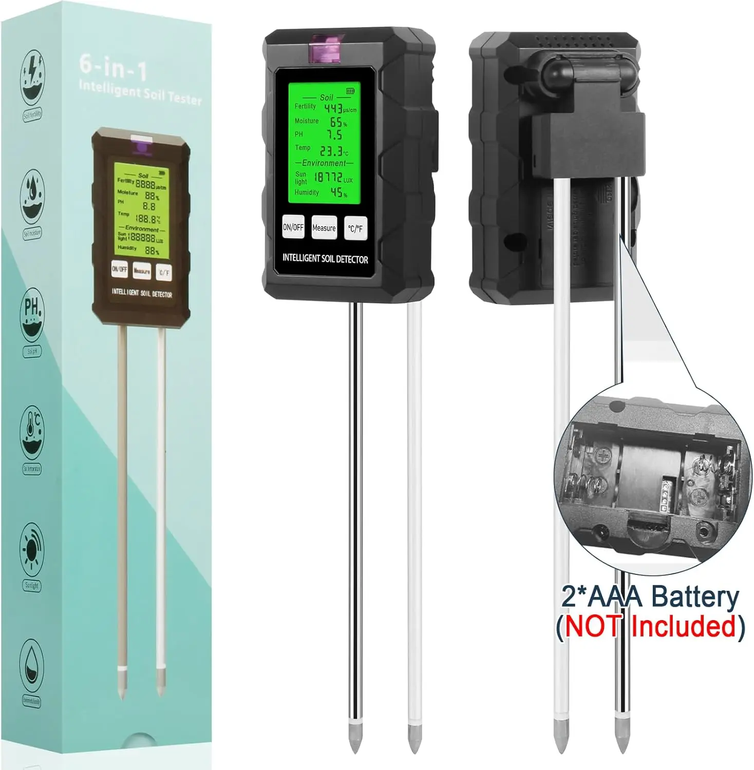 6-in-1-Bodenfeuchtemessgerät, digitales Messgerät für Pflanzentemperatur/Bodenfeuchtigkeit/pH-Wert/Sonnenlichtintensität, LCD-Display mit Hintergrundbeleuchtung, Bodentestgerät für Gartenarbeit,