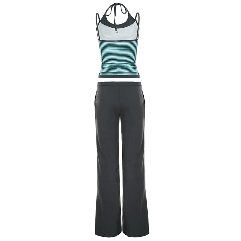 Women's Casual Sporty Style Neck Hanging Striped Top+ Lace Up Pants Two Piece Set