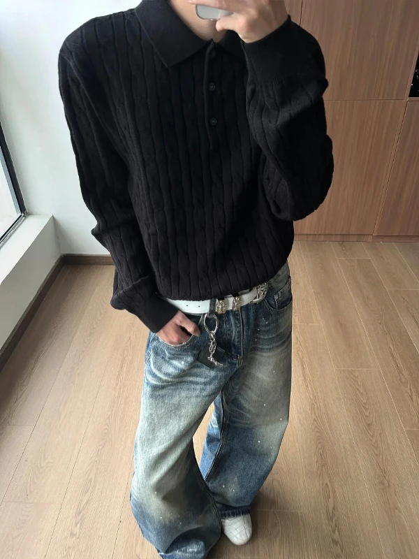 Bla Twisted Button  Ne Knitted Long Sve Sweatirt ex Autumn Winter Loose Fit Casual Faion Polyester Fiber