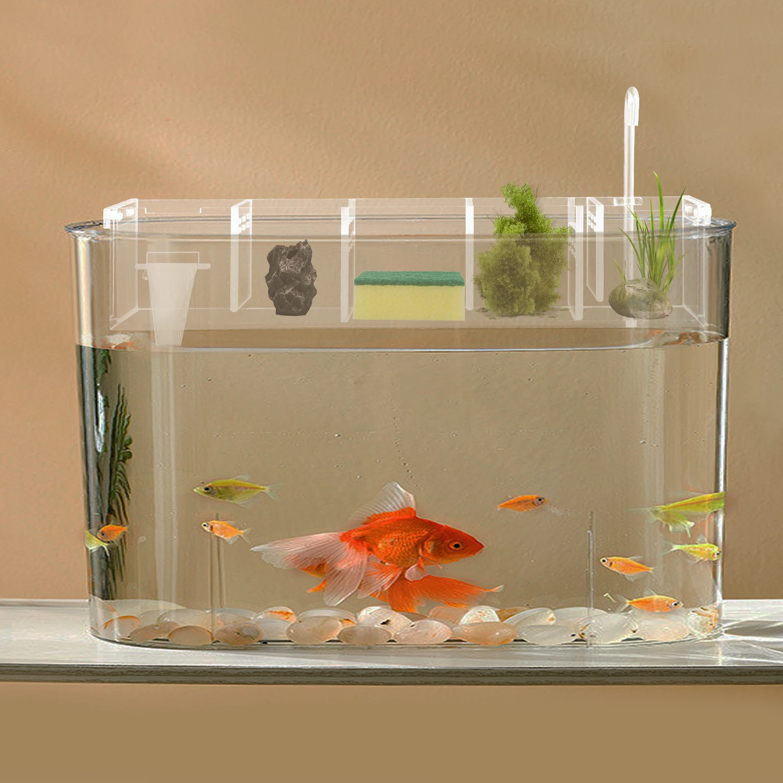 

5-Stage Aquarium Filter Box, Acrylic Hanging Media Chamber w/Adjustable Hooks, Waterfall Oxygenation for Fish Tank Filtration