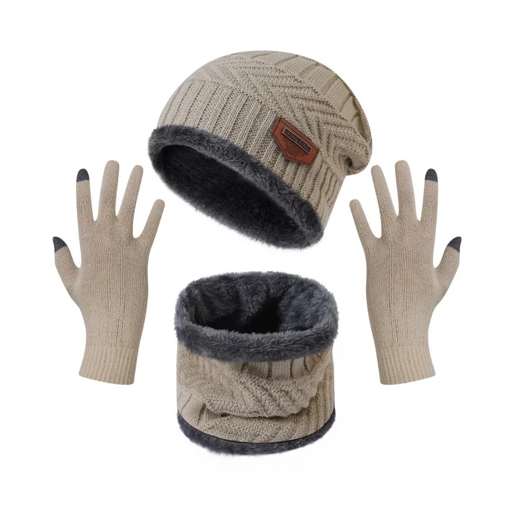 

4pcs/set Soft Winter Beanie Hat Scarf Set Thicken Thermal Protection Thermal Knitted Gloves Fleece Lined Cap Warm Wool Hat