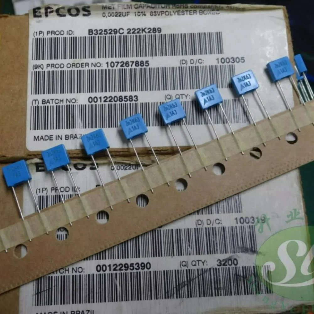 

20pcs/lot EPCOS 0.0022uf 63V 2n2 2.2nf 2200pF 222 Brand New 5mm Film Capacitor B32529C222K