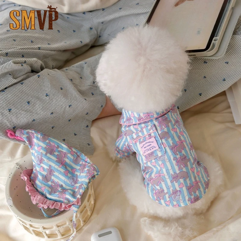 

Spring and Autumn Thin Korean Soft Cute Style Cartoon Striped Printed Loungewear Small and Medium Pet Dog Clothes