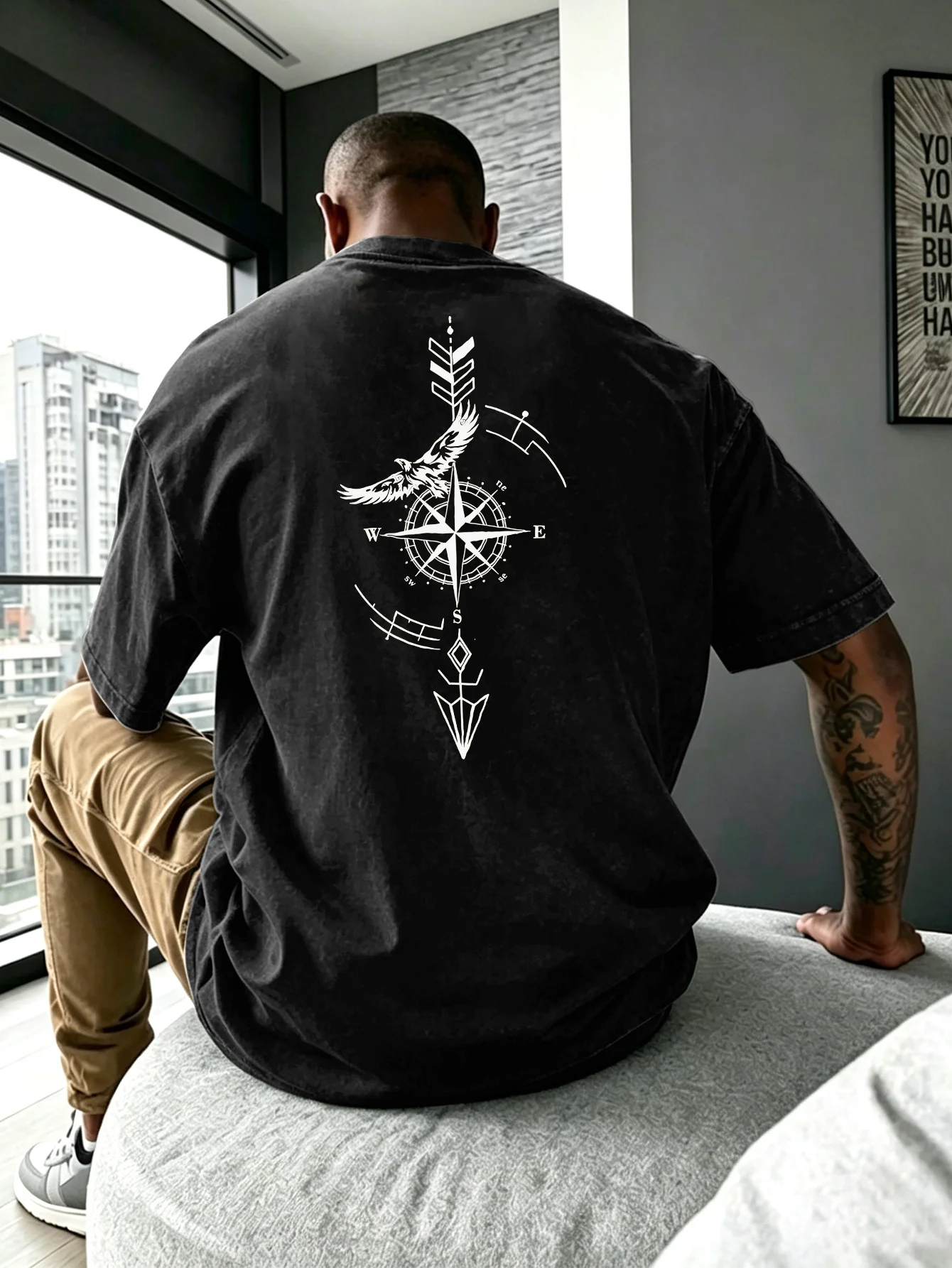 Men Heavyweight Washed Vintage T-shirt, Compass Eagle Arrow Geometric Print, European American Hip Hop Streetwear Tee S-3XL