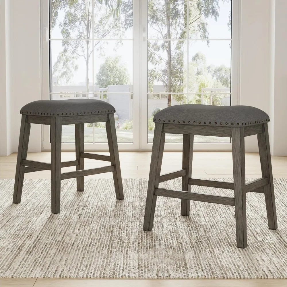 Rustic Gray Counter Height Upholstered Barstool Set of 2, Solid Wood with Nailhead Trim