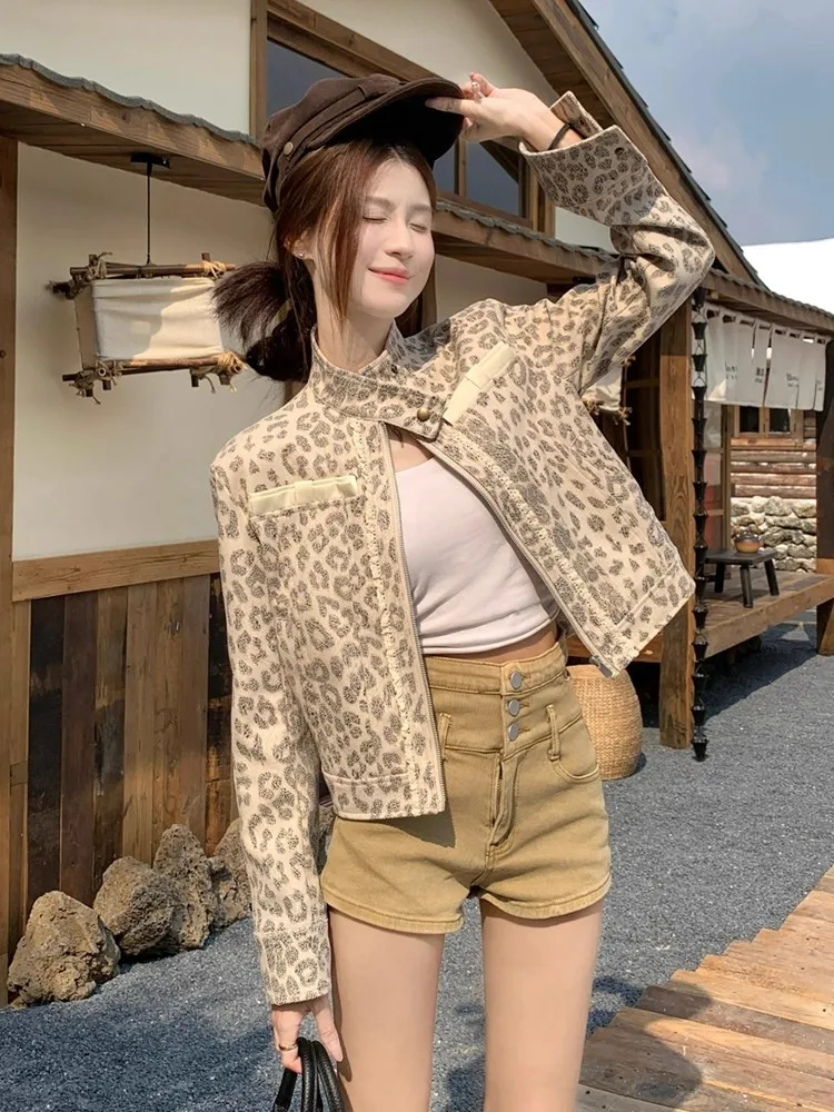 Women American Retro Jacket Leopard Print Motorcycle Style Autumn Small Worn Fixed Dye Stand Collar Short Cardigan