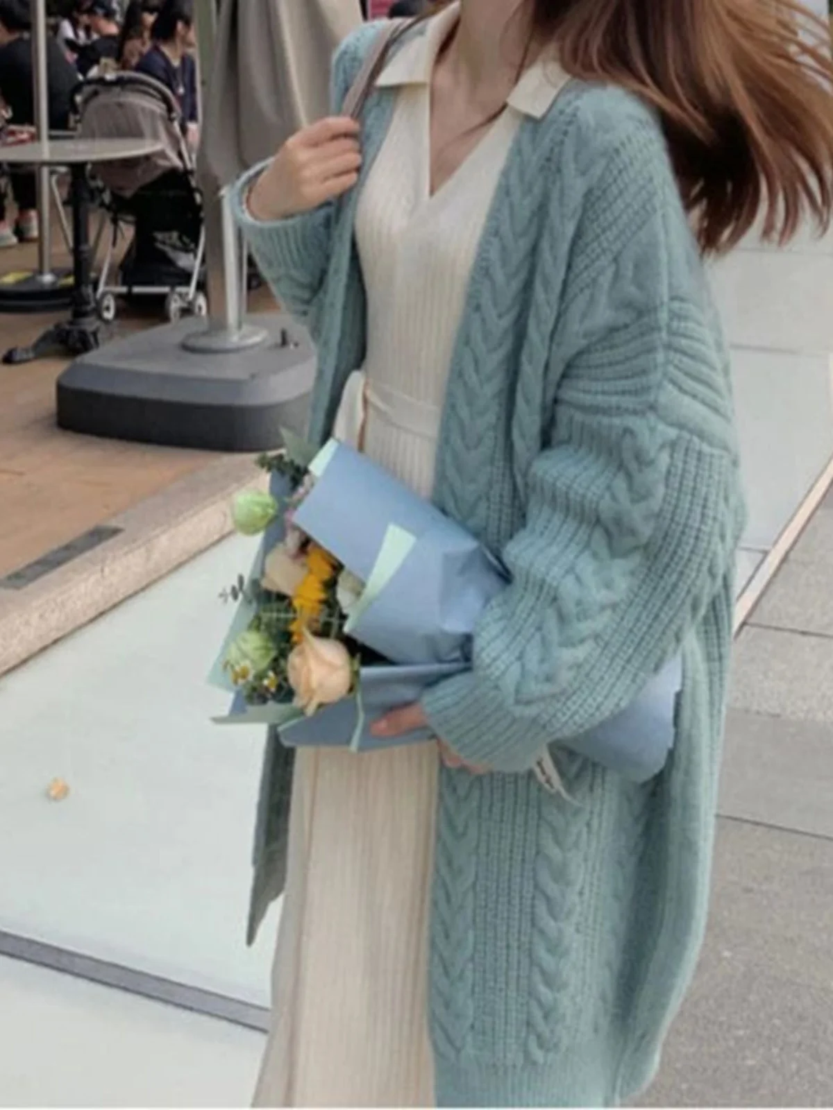 

Длинный свободный свитер, пальто, простой уличный костюм, термокосативная ткань, однотонный длинный открытый кардиган све