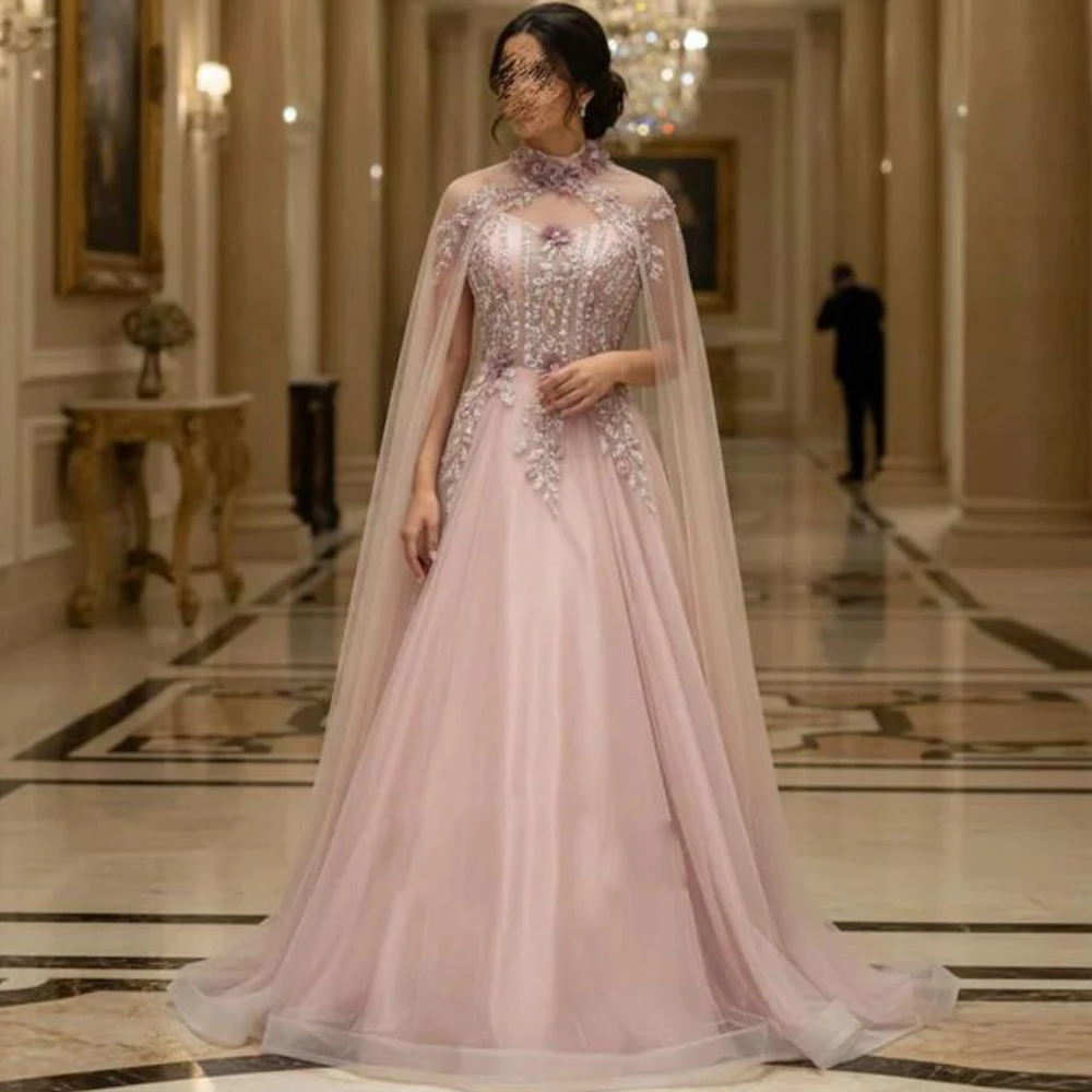 Robe de soirée brodée de perles personnalisées, avec Cape, ligne A, en Tulle rose, robes d'occasion formelles
