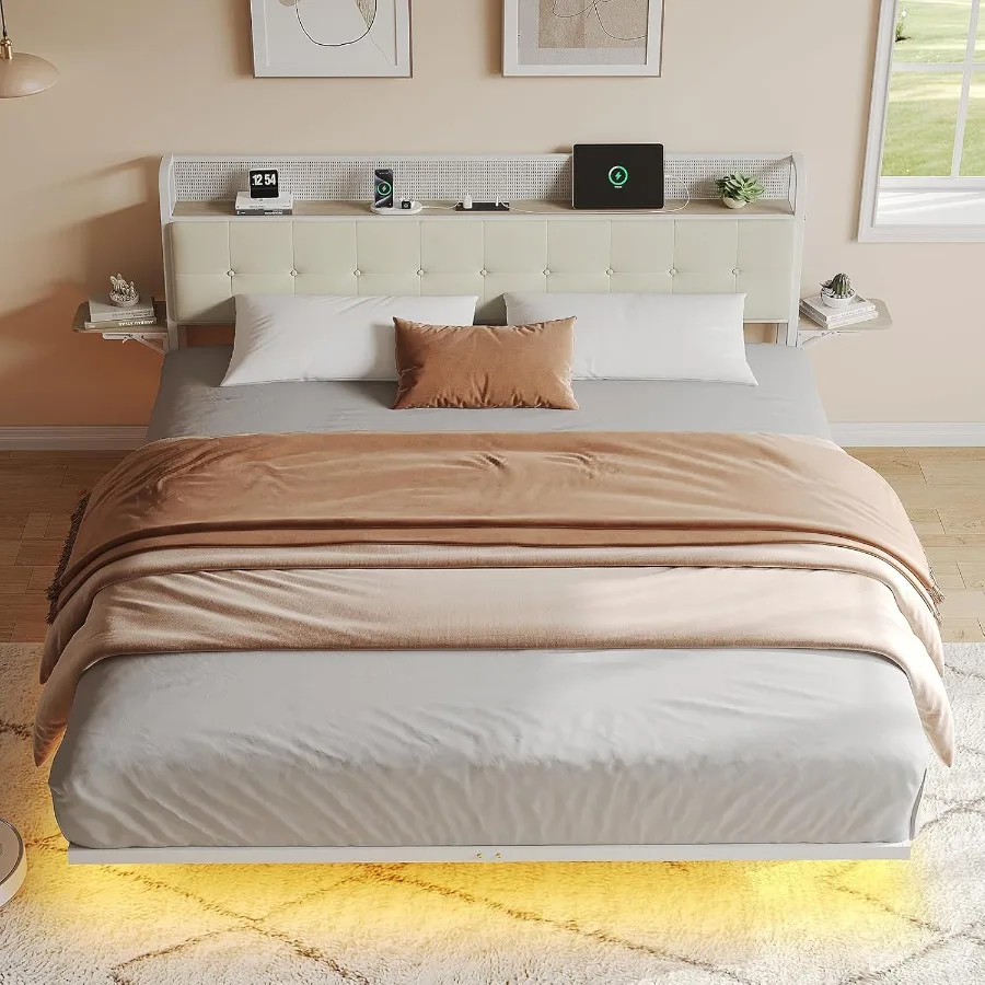 Queen Floating Bed Frame with LED Charging Station Ergonomic Upholstered Headboard with Folding Shelves Storage Metal Slats por