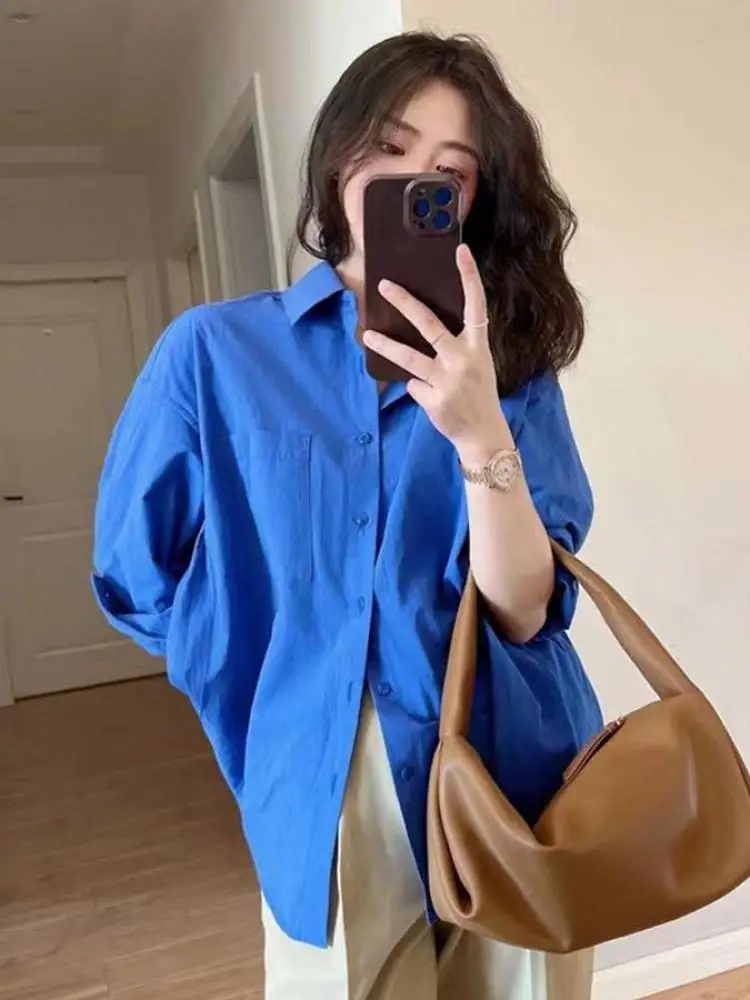 

Korean Fashion Women's Blue Elegant Office Lady Shirt Spring Autumn Single Breasted Long Sleeves Loose Versatile Tops Simplicity