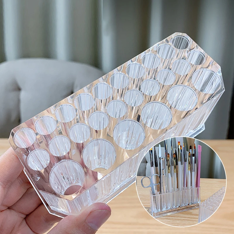 26 Holes Acrylic Nail Brushes Organizer Nail Art Kit Storage Tools Makeup Cosmetics Pen Display Case Rack Holder Showing Shelf